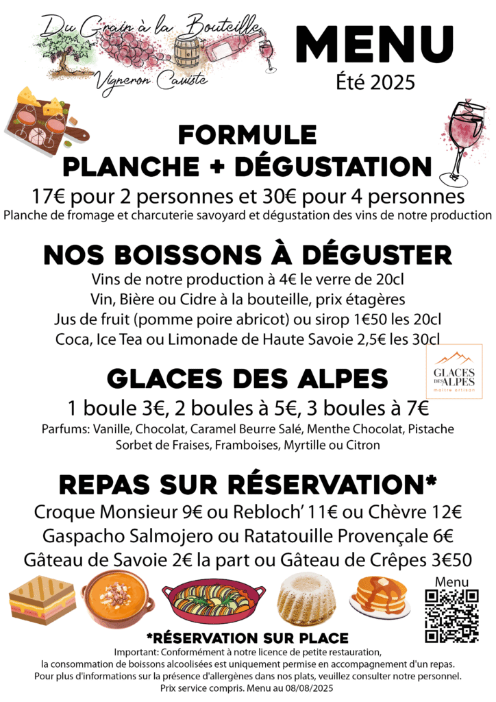 Menu Grand Bornand Du grain à la bouteille vigneron Caviste Aout 2025